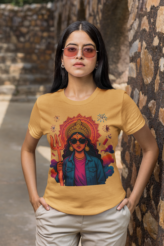 Modern Goddess Graphic Tee with Trishul & Sunglasses | Divine Shakti Streetwear T-Shirt