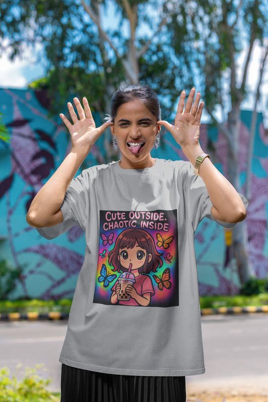 Unleash the dual vibe with the “Cute Outside. Chaotic Inside” Graphic T-Shirt —Rakhi Drop Limited Edition.