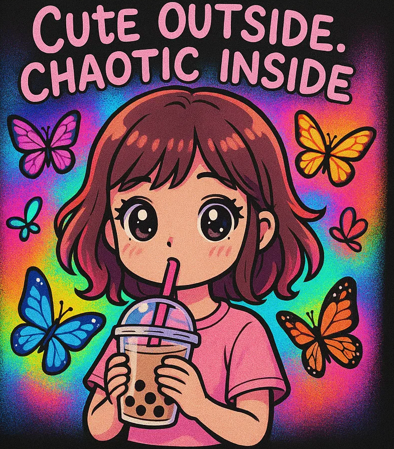 Unleash the dual vibe with the “Cute Outside. Chaotic Inside” Graphic T-Shirt —Rakhi Drop Limited Edition.