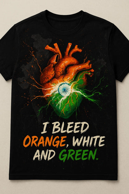 "I Bleed Orange White Green Heart T-Shirt – Patriotic Indian Streetwear Independence Day
