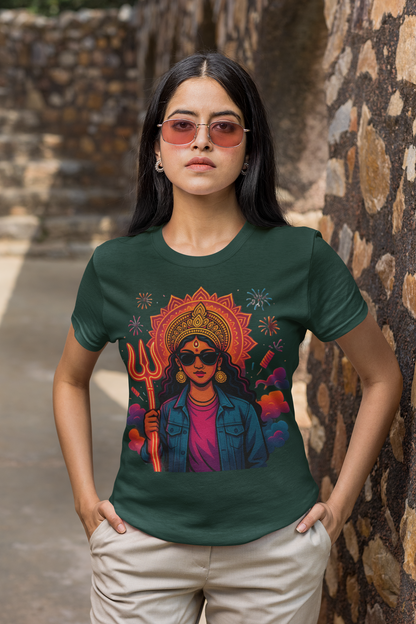Modern Goddess Graphic Tee with Trishul & Sunglasses | Divine Shakti Streetwear T-Shirt