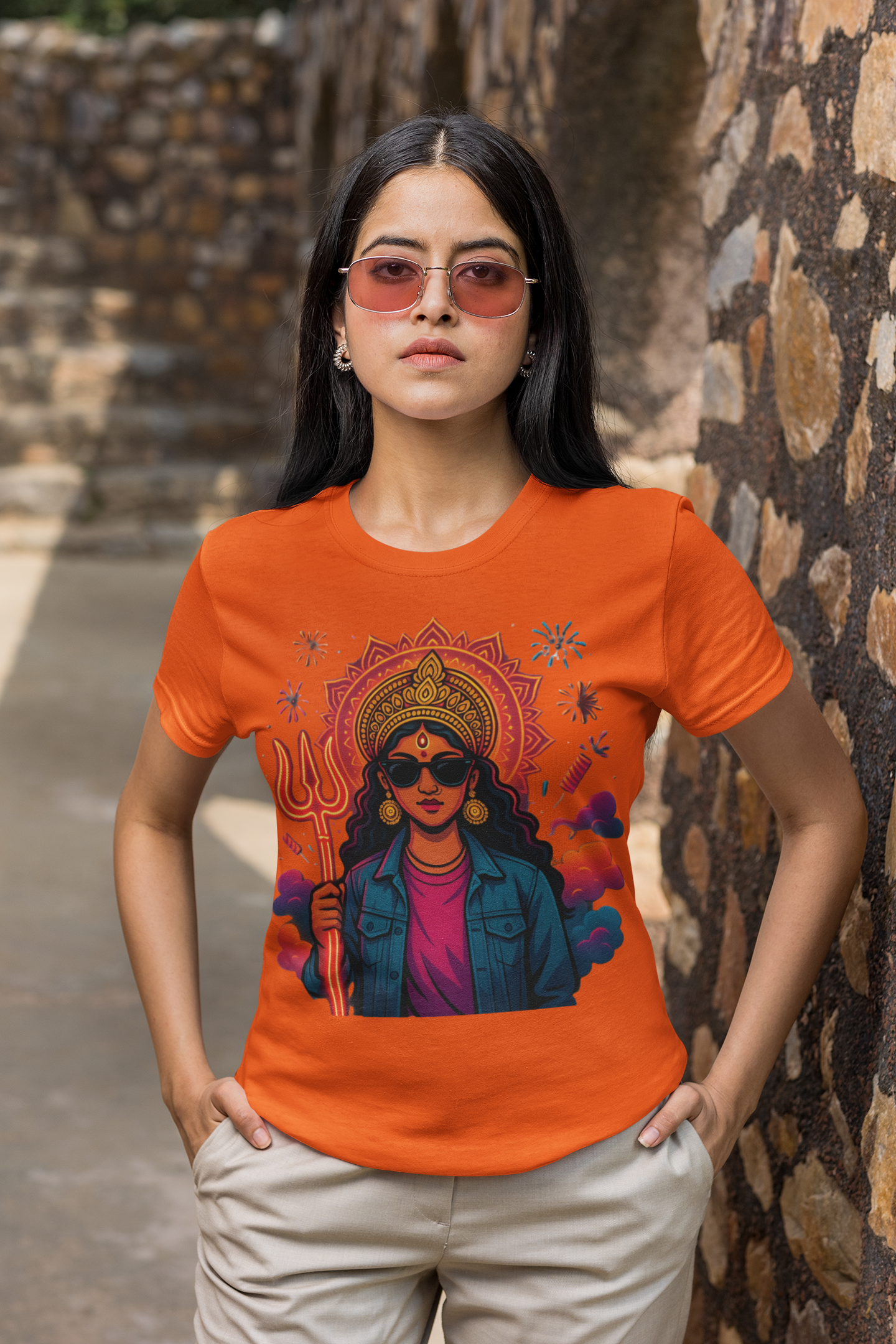 Modern Goddess Graphic Tee with Trishul & Sunglasses | Divine Shakti Streetwear T-Shirt