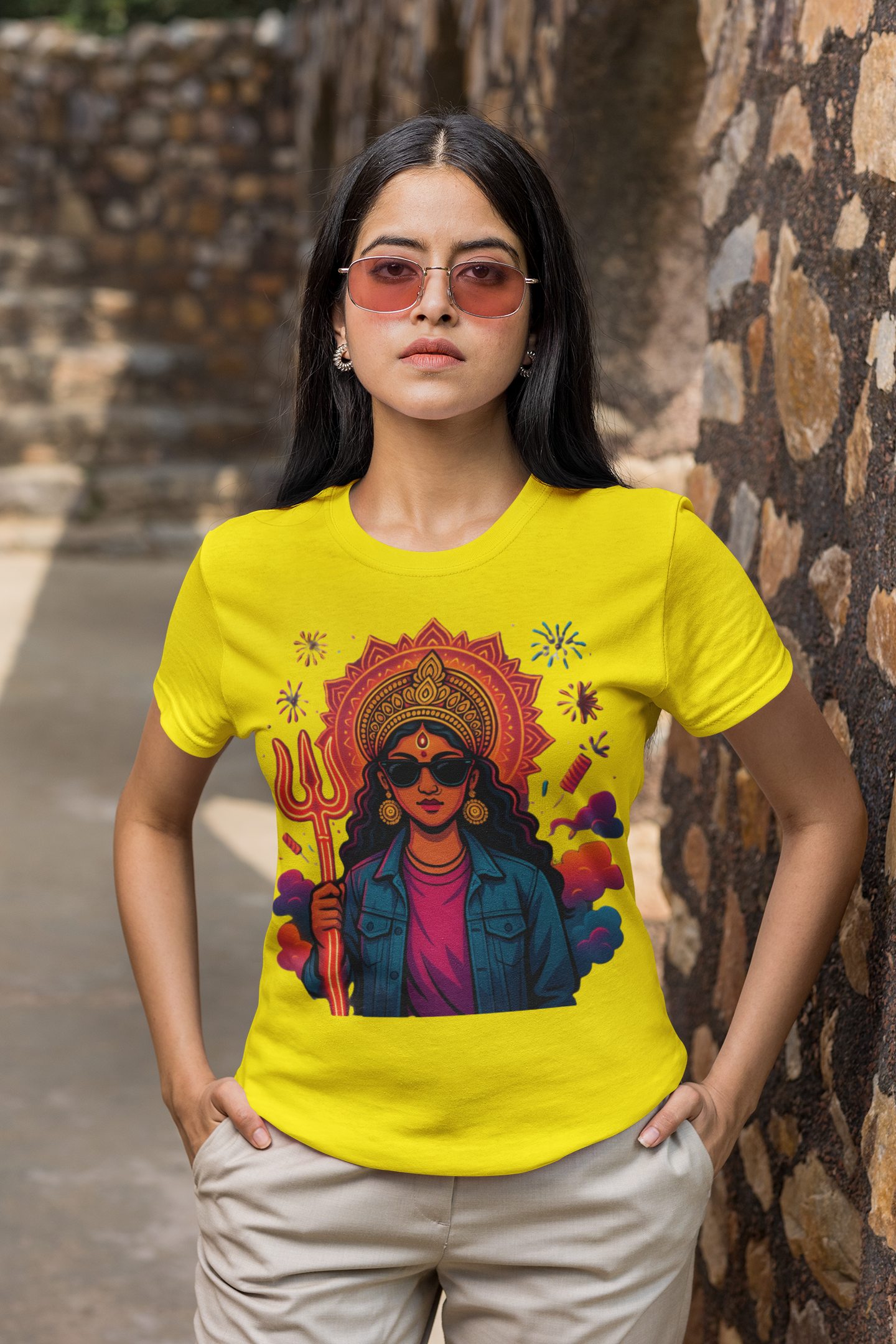Modern Goddess Graphic Tee with Trishul & Sunglasses | Divine Shakti Streetwear T-Shirt