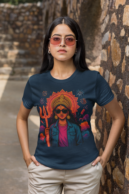 Modern Goddess Graphic Tee with Trishul & Sunglasses | Divine Shakti Streetwear T-Shirt