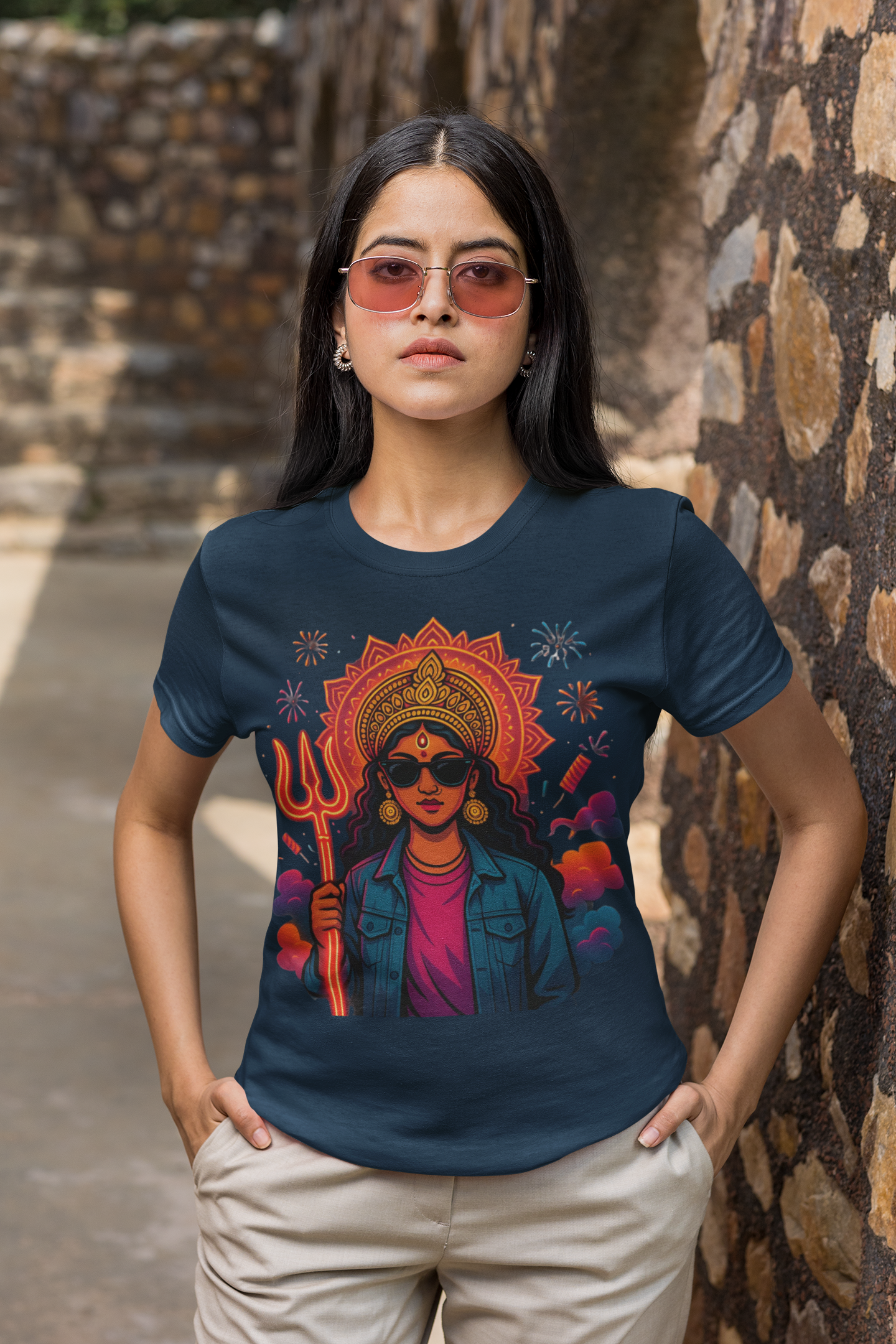 Modern Goddess Graphic Tee with Trishul & Sunglasses | Divine Shakti Streetwear T-Shirt