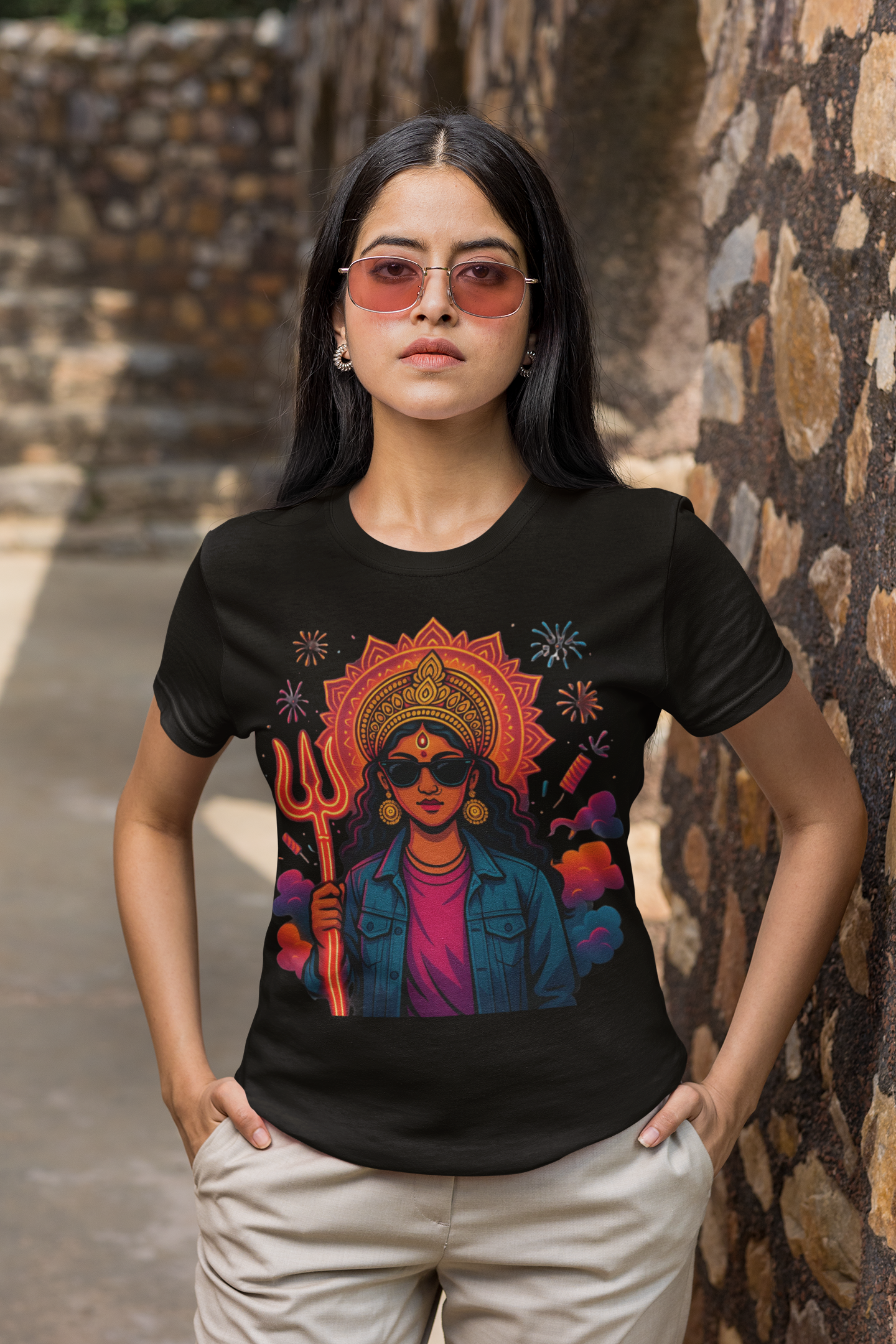 Modern Goddess Graphic Tee with Trishul & Sunglasses | Divine Shakti Streetwear T-Shirt
