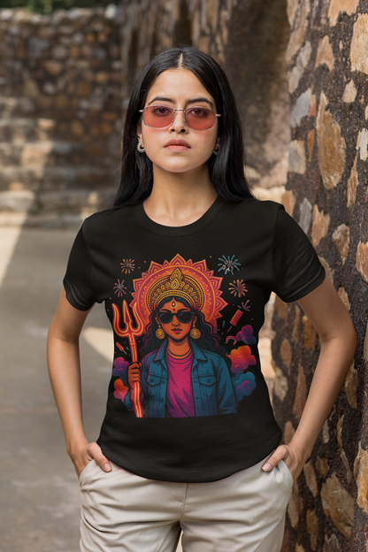 Modern Goddess Graphic Tee with Trishul & Sunglasses | Divine Shakti Streetwear T-Shirt