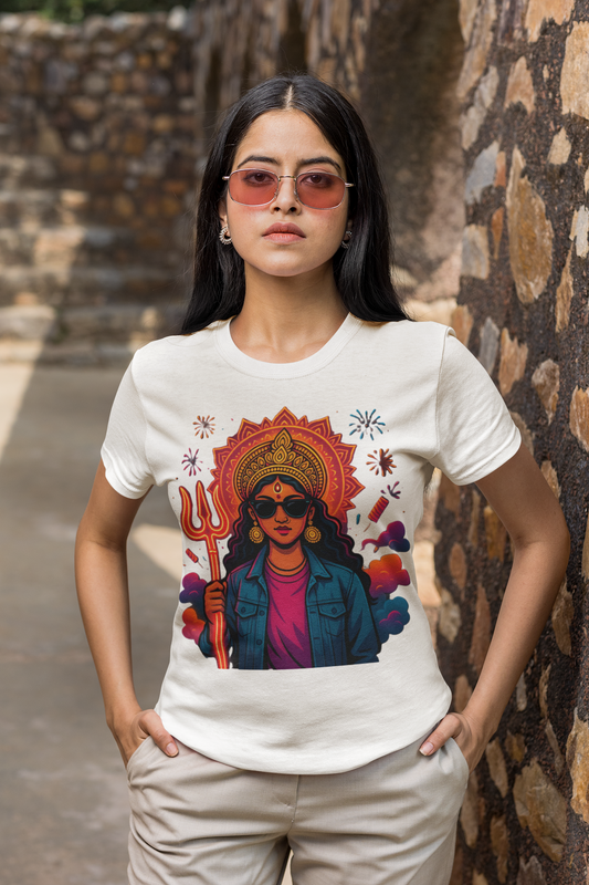 Modern Goddess Graphic Tee with Trishul & Sunglasses | Divine Shakti Streetwear T-Shirt