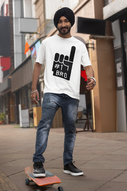 Minimalist Flex: “#1 Bro” Foam Finger Graphic T-Shirt – Rakhi Drop Limited Edition