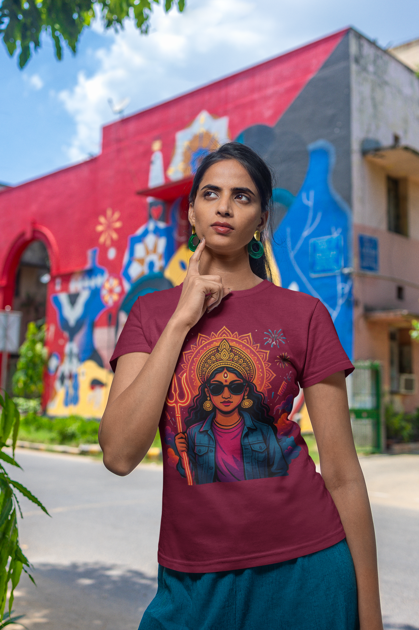 Modern Goddess Graphic Tee with Trishul & Sunglasses | Divine Shakti Streetwear T-Shirt