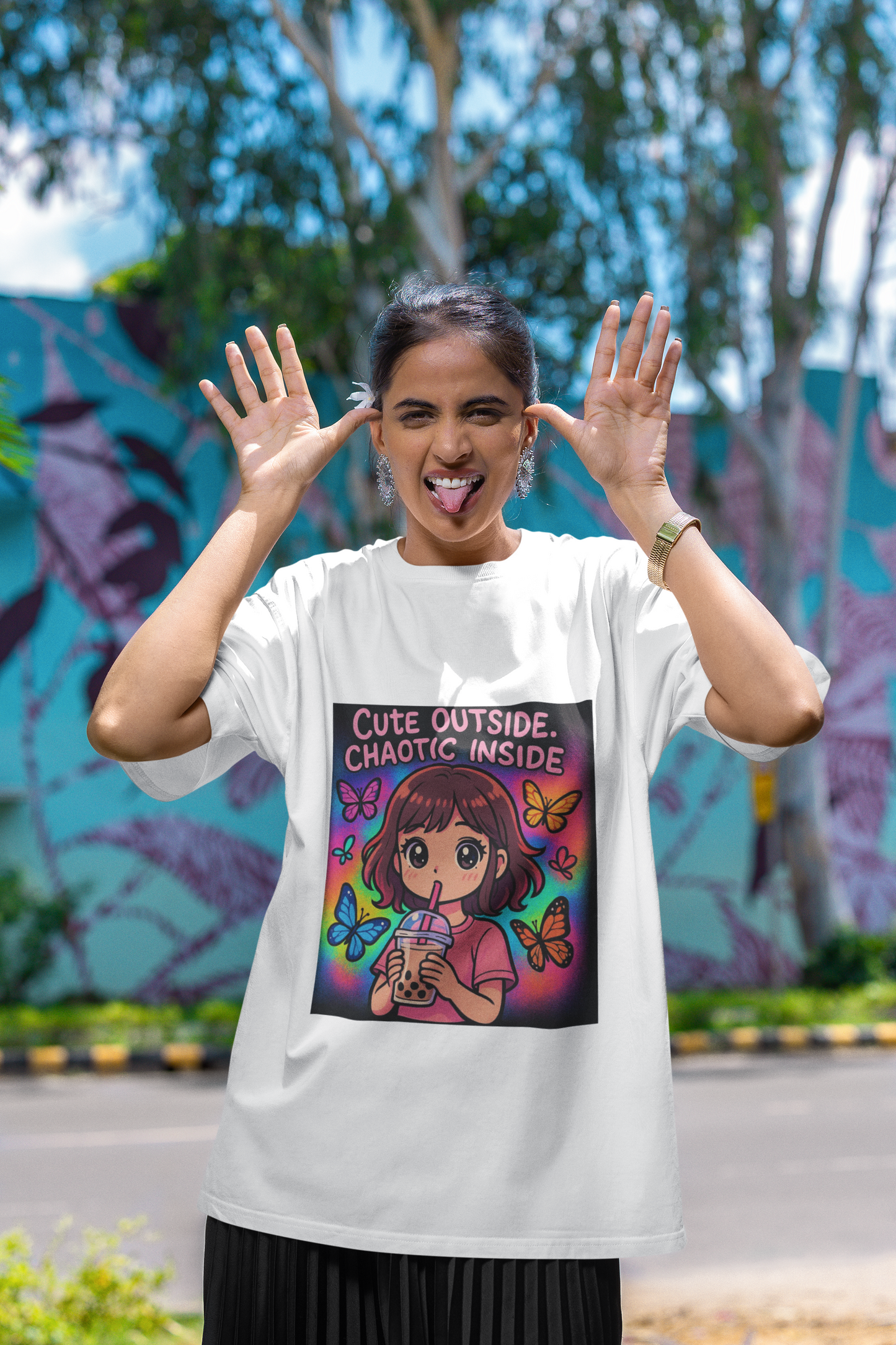 Unleash the dual vibe with the “Cute Outside. Chaotic Inside” Graphic T-Shirt —Rakhi Drop Limited Edition.