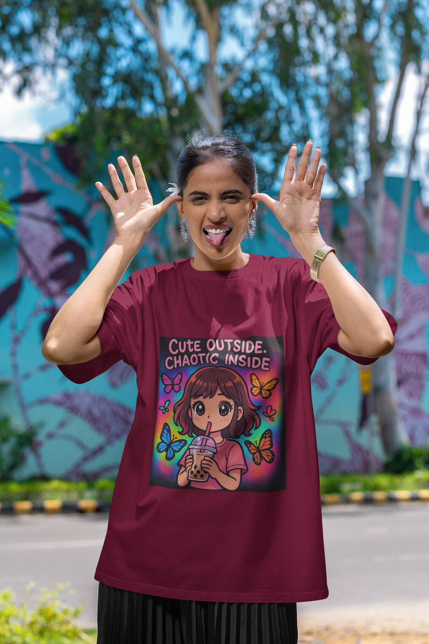 Unleash the dual vibe with the “Cute Outside. Chaotic Inside” Graphic T-Shirt —Rakhi Drop Limited Edition.