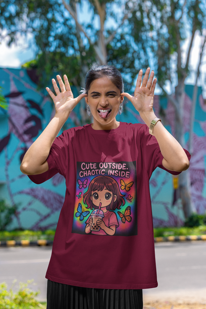 Unleash the dual vibe with the “Cute Outside. Chaotic Inside” Graphic T-Shirt —Rakhi Drop Limited Edition.