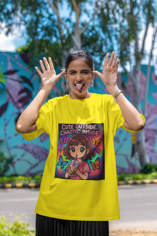 Unleash the dual vibe with the “Cute Outside. Chaotic Inside” Graphic T-Shirt —Rakhi Drop Limited Edition.