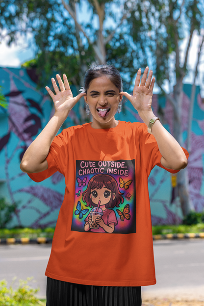 Unleash the dual vibe with the “Cute Outside. Chaotic Inside” Graphic T-Shirt —Rakhi Drop Limited Edition.