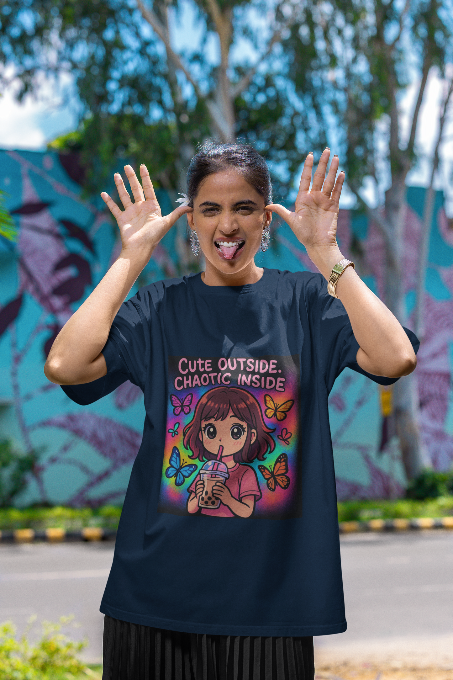 Unleash the dual vibe with the “Cute Outside. Chaotic Inside” Graphic T-Shirt —Rakhi Drop Limited Edition.
