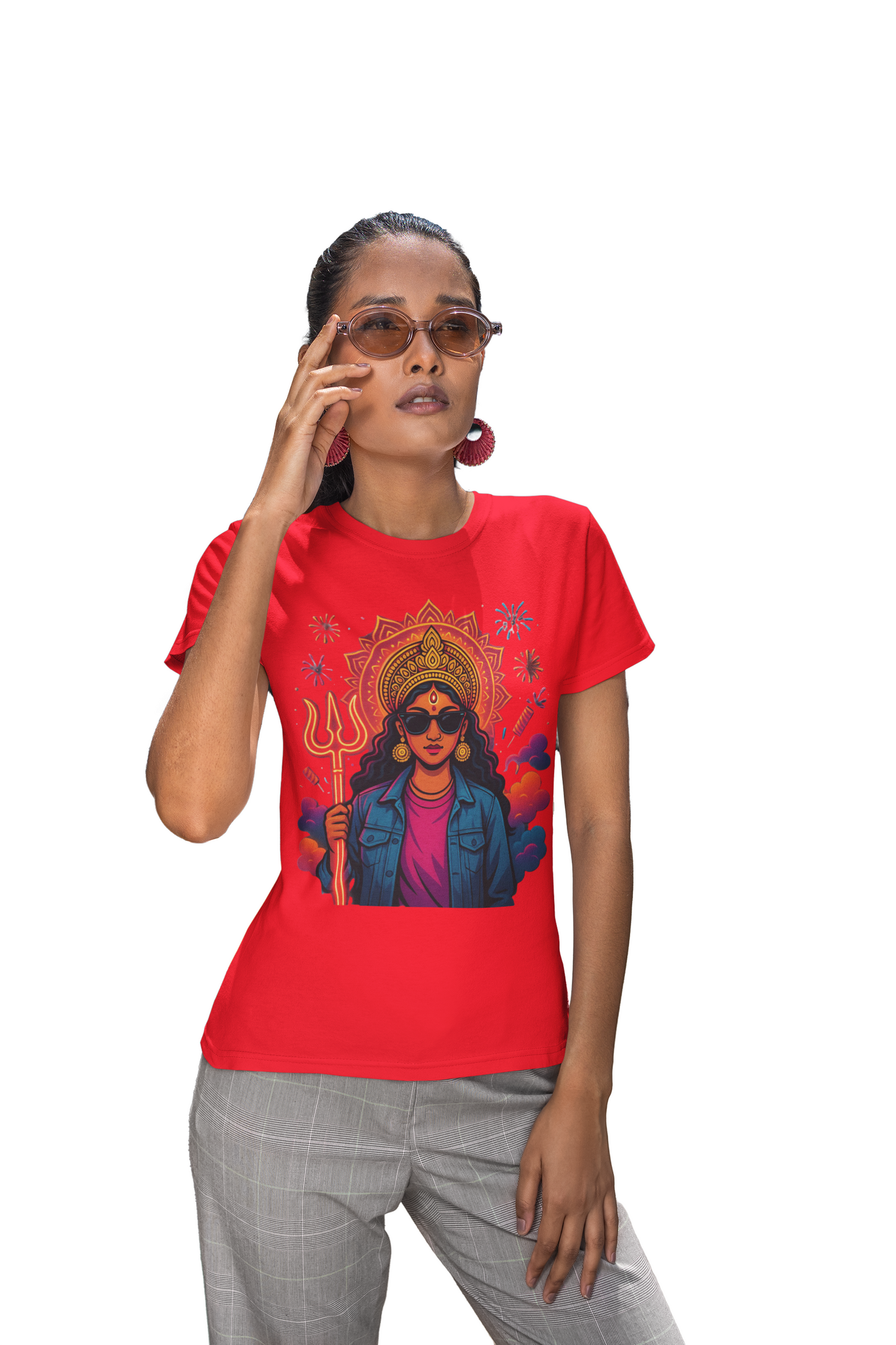 Modern Goddess Graphic Tee with Trishul & Sunglasses | Divine Shakti Streetwear T-Shirt