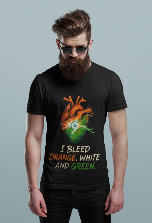"I Bleed Orange White Green Heart T-Shirt – Patriotic Indian Streetwear Independence Day