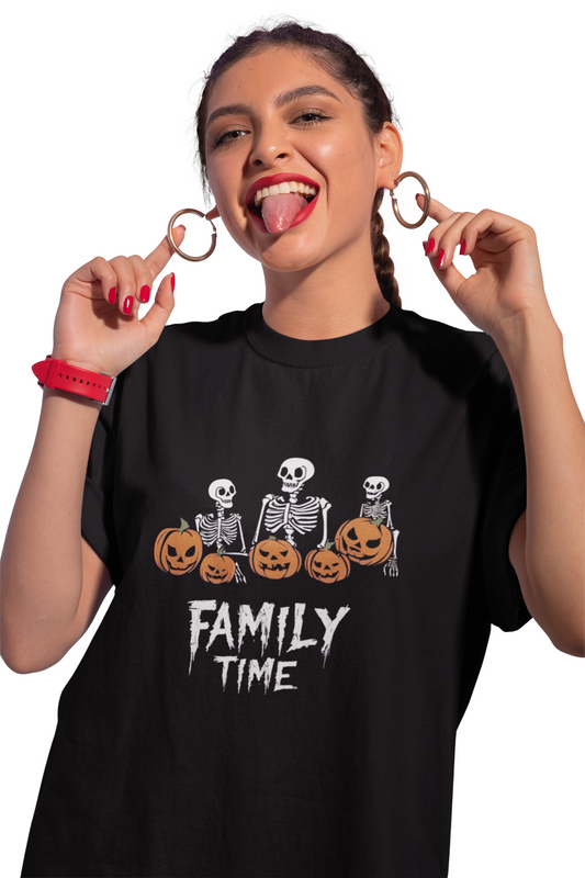 Family Time Halloween T-Shirt – Skeletons & Pumpkins Design